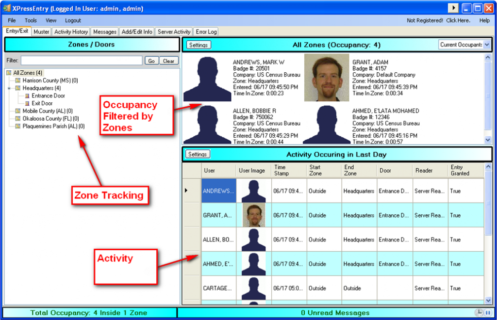 XPressEntry zone tracking and user activity screen
