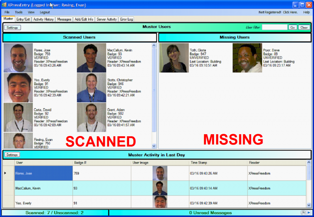 XPressEntry muster activity showing scanned and missing users