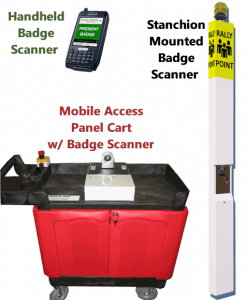 Muster reader options: handheld badge scanner, stanchion mounted badge scanner, mobile access panel cart with badge scanner