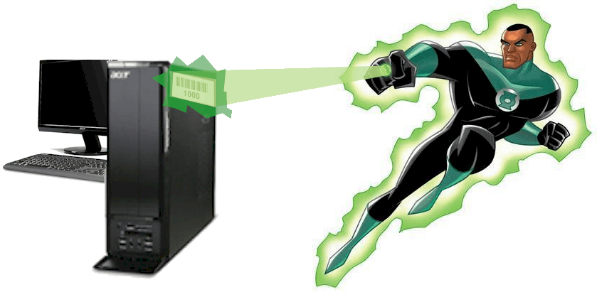 Green lantern super hero with barcode scanner