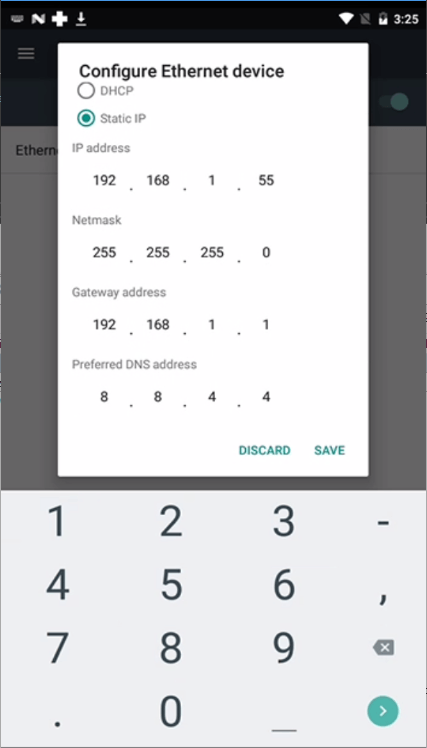 specify a static IP or DHCP in the "Ethernet Configuration" screen