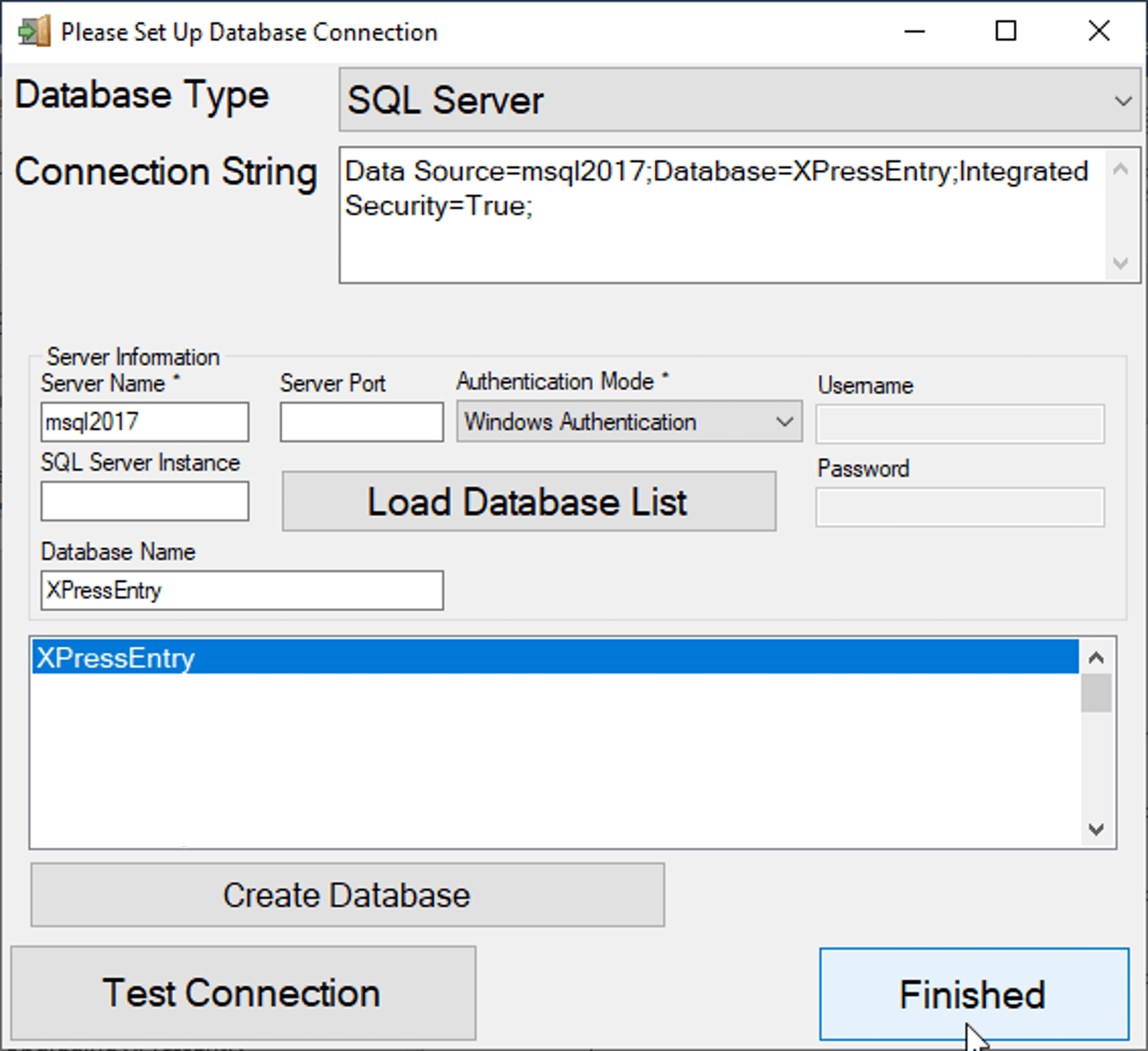 xpressentry set and connect the database