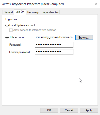 xpressentry service properties