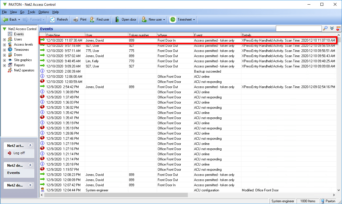 screenshot of an xpressentry handheld event in paxton net2
