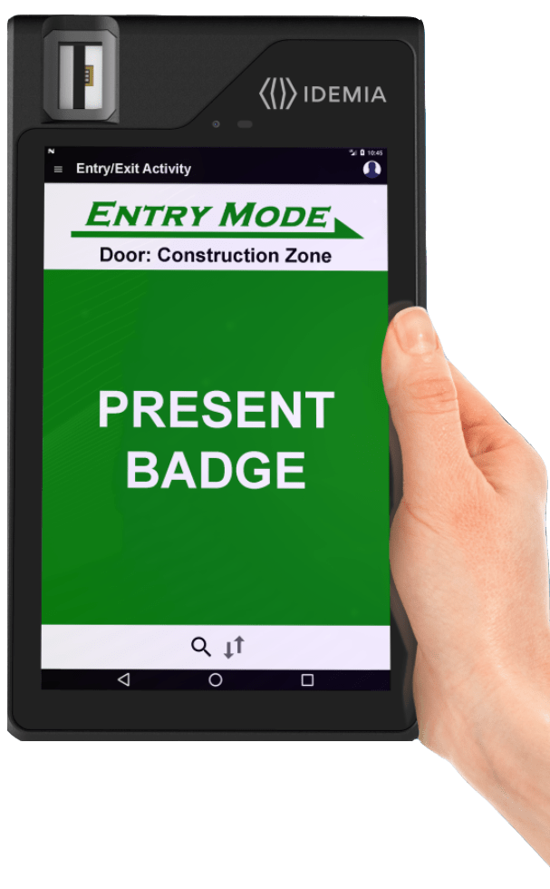 Hand holding a tablet with a fingerprint scanner and XPressEntry Entry mode "Present Badge" on screen