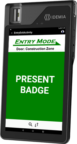 Tablet with fingerprint scanner at an angle with XPressEntry Entry Mode "Present Badge" on screen