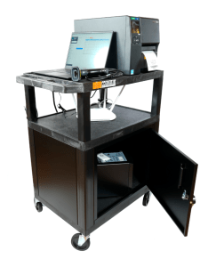 black cart on wheels with a label printer on top