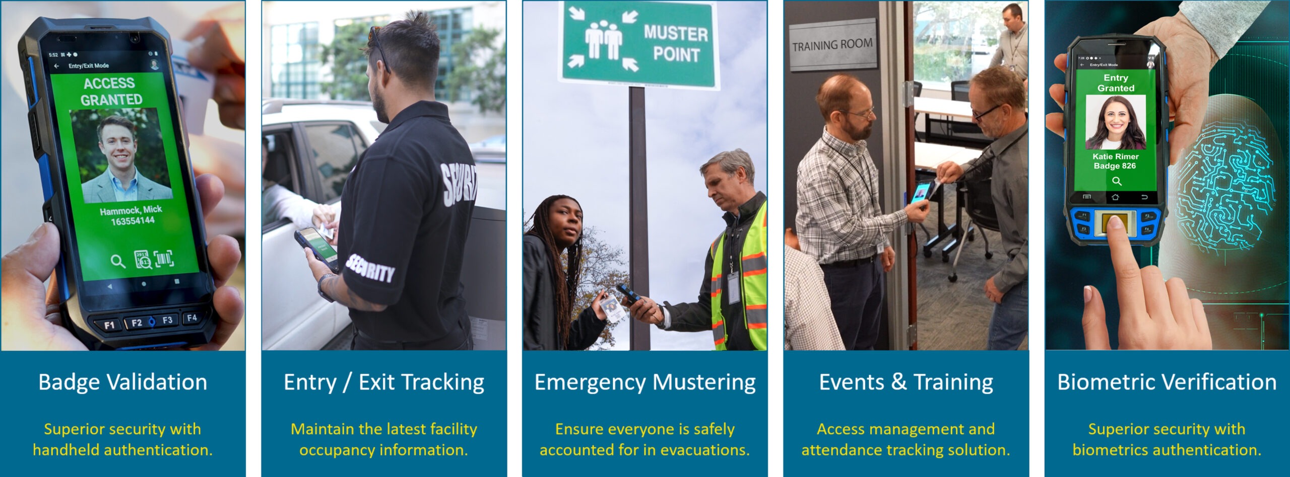 List of XPressEntry Use Cases: Badge validation, exntry exit tracking, emergency mustering, events and training, and biometric validation