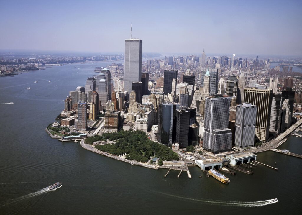 Aerial view of Battery Park, Lower Manhattan in New York