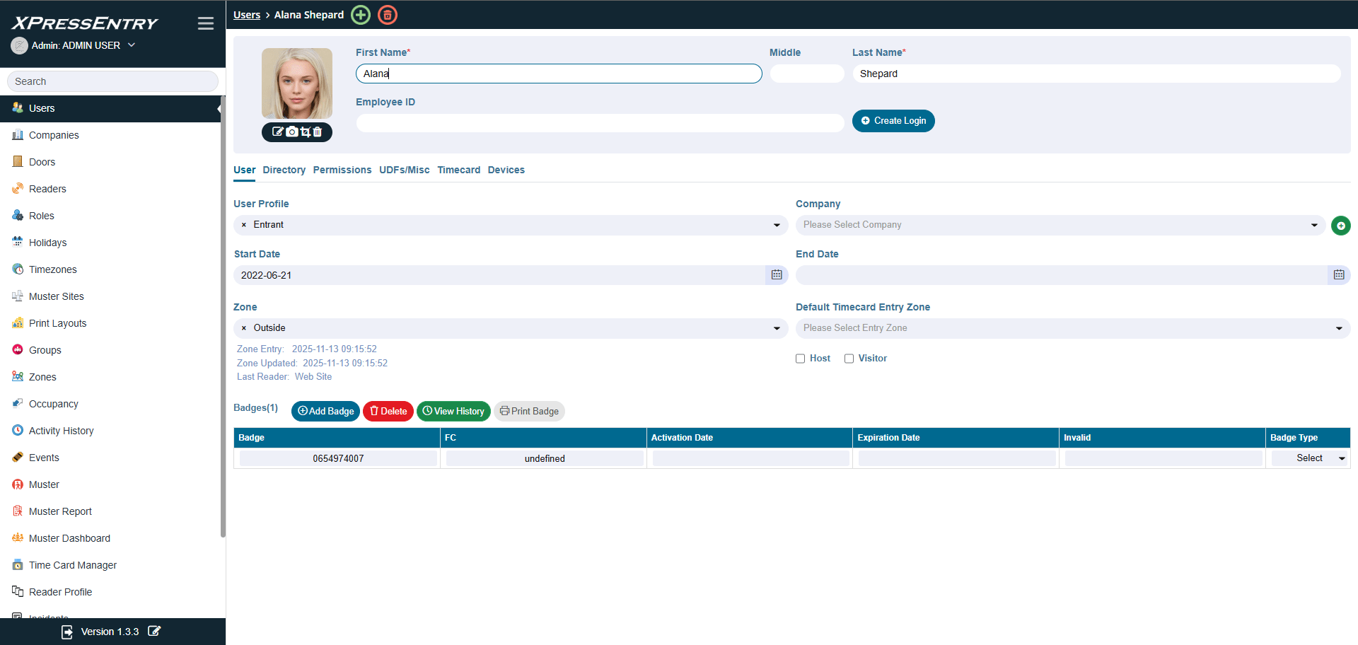 XPressEntry server dashboard showing user profile, including a picture, name, zone, and badge information
