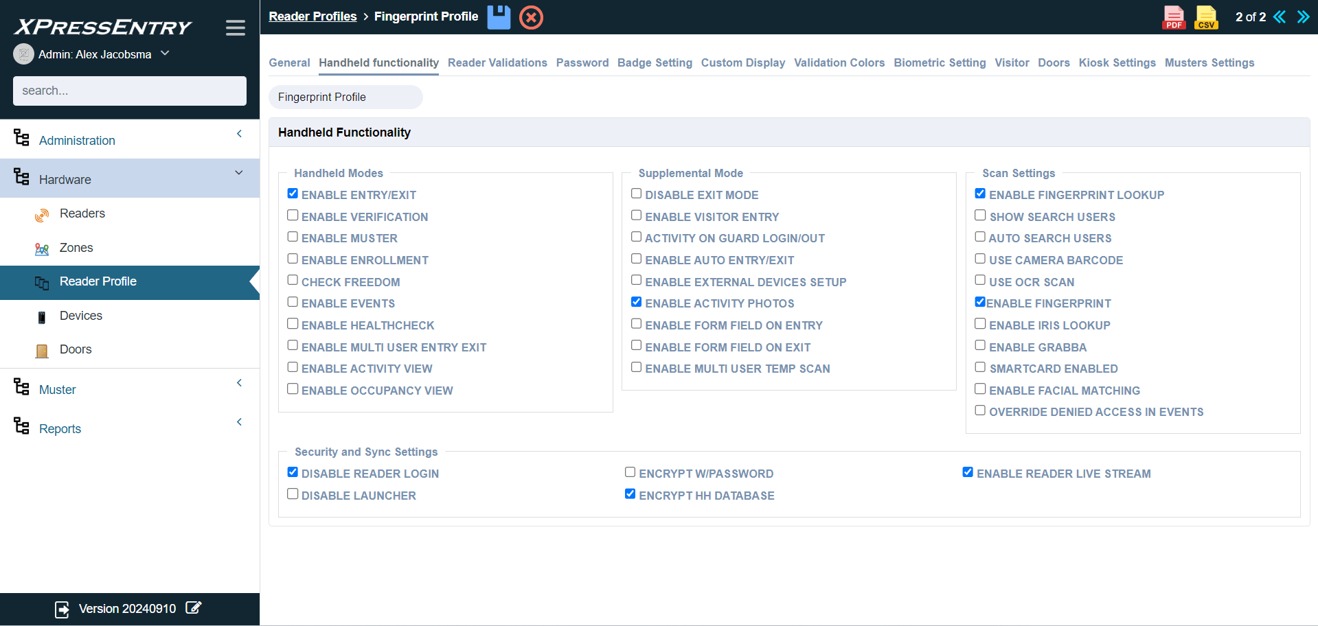 reader profiles / handheld functionality screen