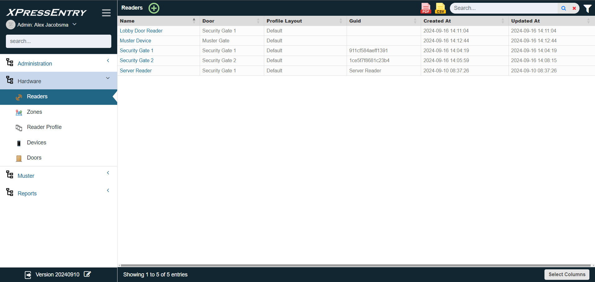 XPressEntry Web Admin Console Reader Management screen