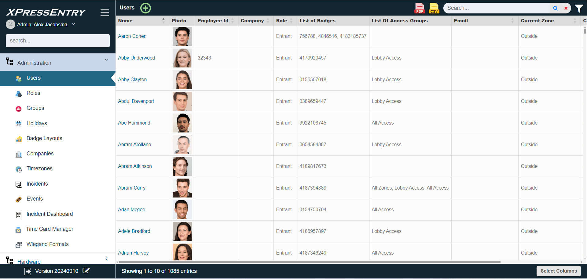 XPressEntry Admin Console All Users screen