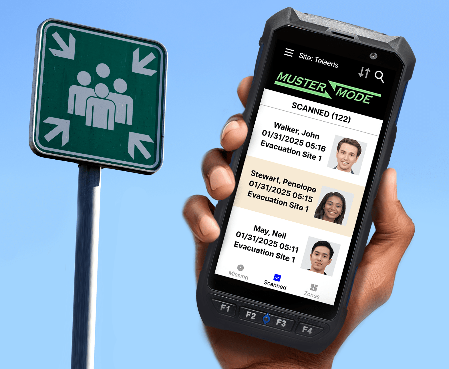 Handheld badge reader showing Muster mode held up with a muster point sign in the background