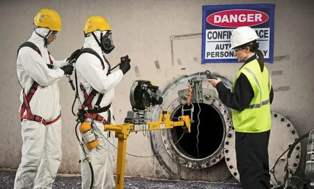 two workers in protective gear entering a confined space with a safety manager holding a handheld device managing entry