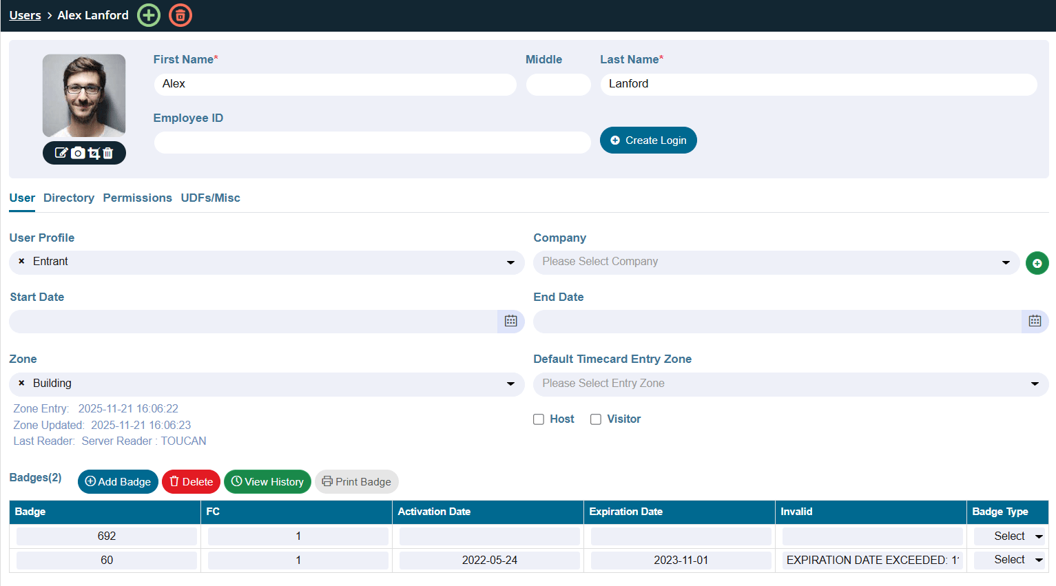 Screenshot of the XPressEntry Users screen showing thew profile for a user with their name, employee ID and image. There are tabs titles "User", "Directory", "Permissions", and "UDFs/misc.". The User tab is open displaying title, company, start and end date, Zone, and badge information. There are buttons to add, delete, print, and view history for a badge.