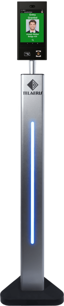 Telaeris XPressEntry kiosk with biometric reader and LED-lit silver pedestal, displaying a green "Entry Granted" screen